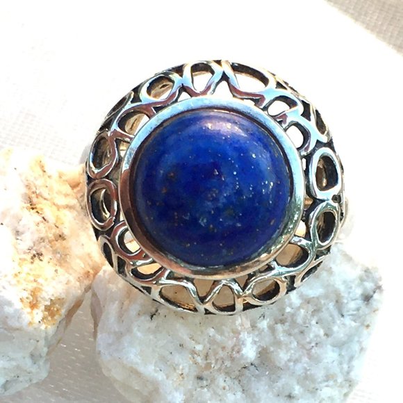 Genuine Lapis Lazuli Round .925 Ring Ornate Silver size 6.5 - Picture 8 of 13